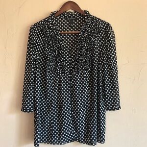 INC. Black and white polka dots, ruffles, perfect blouse for work or after.